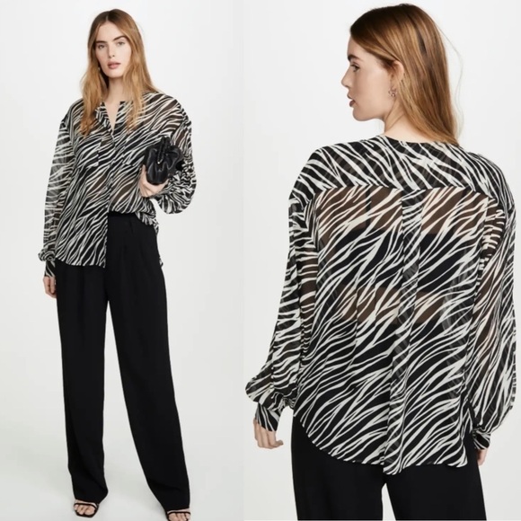 Anine Bing Womens Silk Chiffon Zebra Print Long Sleeve Button Arrow Shirt Sz S - Picture 1 of 8